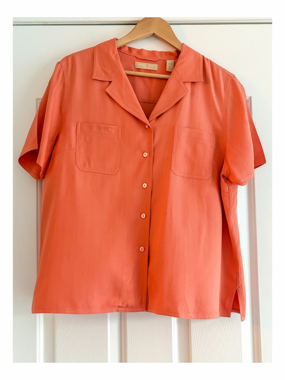100% Silk Kate Hill Coral Button Front Camp Shirt Blouse XL